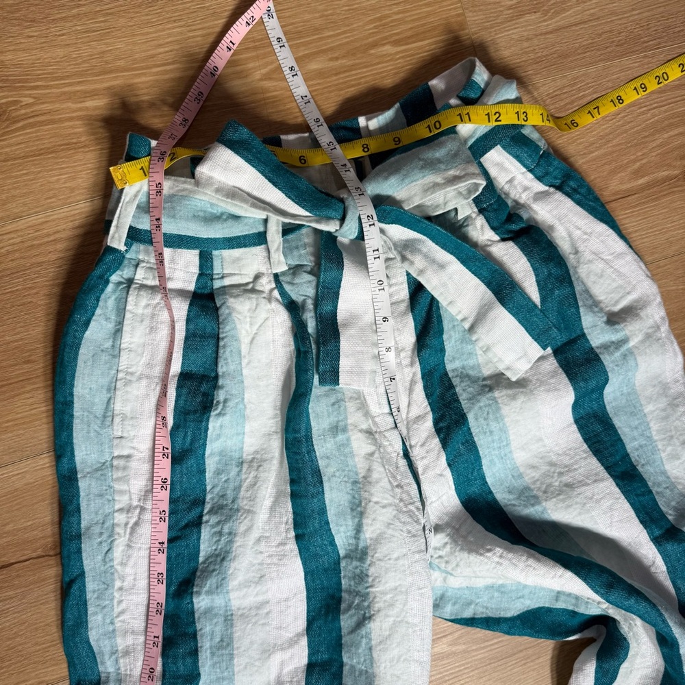 J. CREW Paper-bag linen pant in cabana stripe Turquoise Jade White Womens Size 8 - Picture 8 of 9